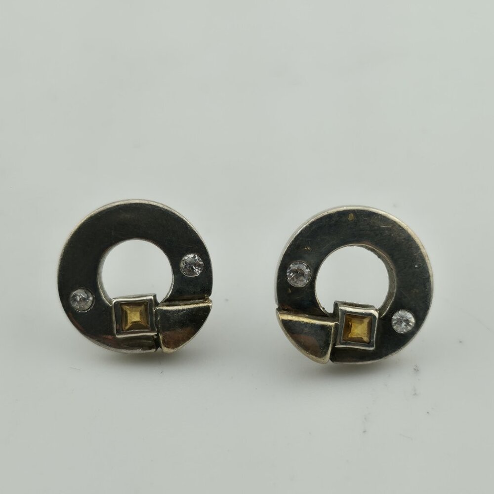 Sterling Silver Earrings NL 925 Modernist Circle Design Yellow White Stones VTG
